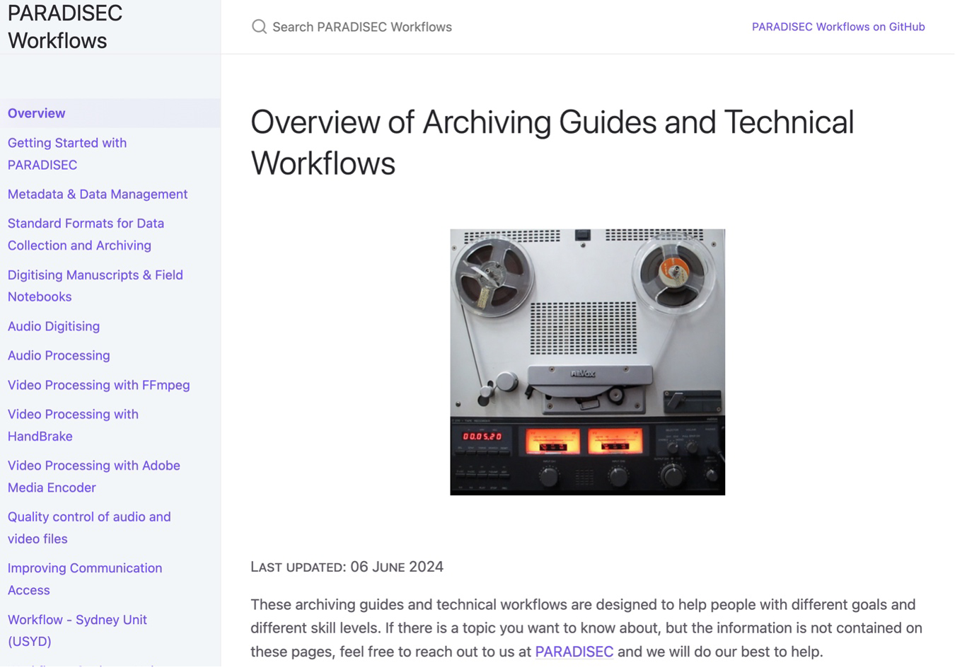 PARADISEC's Archiving Guides and Technical Workflows Overview Page