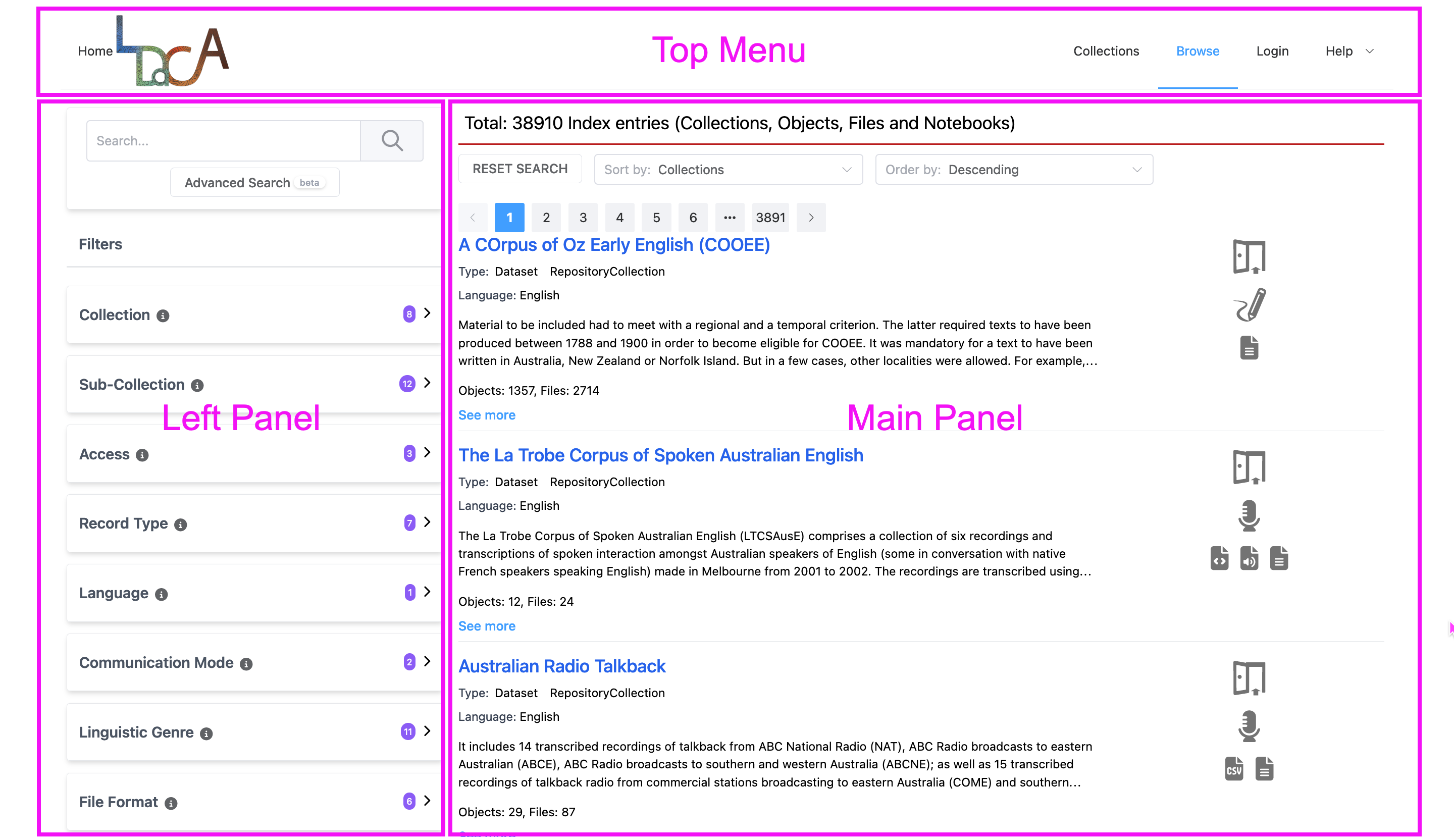 Home Page: Top Menu, Left Panel and Main Panel sections